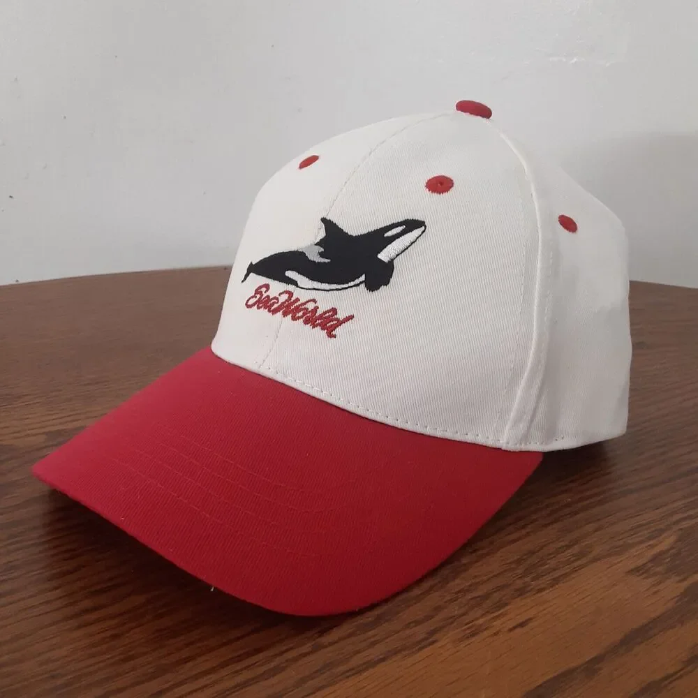 Vtg Seaworld Adventure Parks Embroidered Youth Orca Strapback Hat Red White